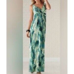 Soma Maxi Dress Small Green Printed Jersey Knit V-Neck Beach Lounge Vacation